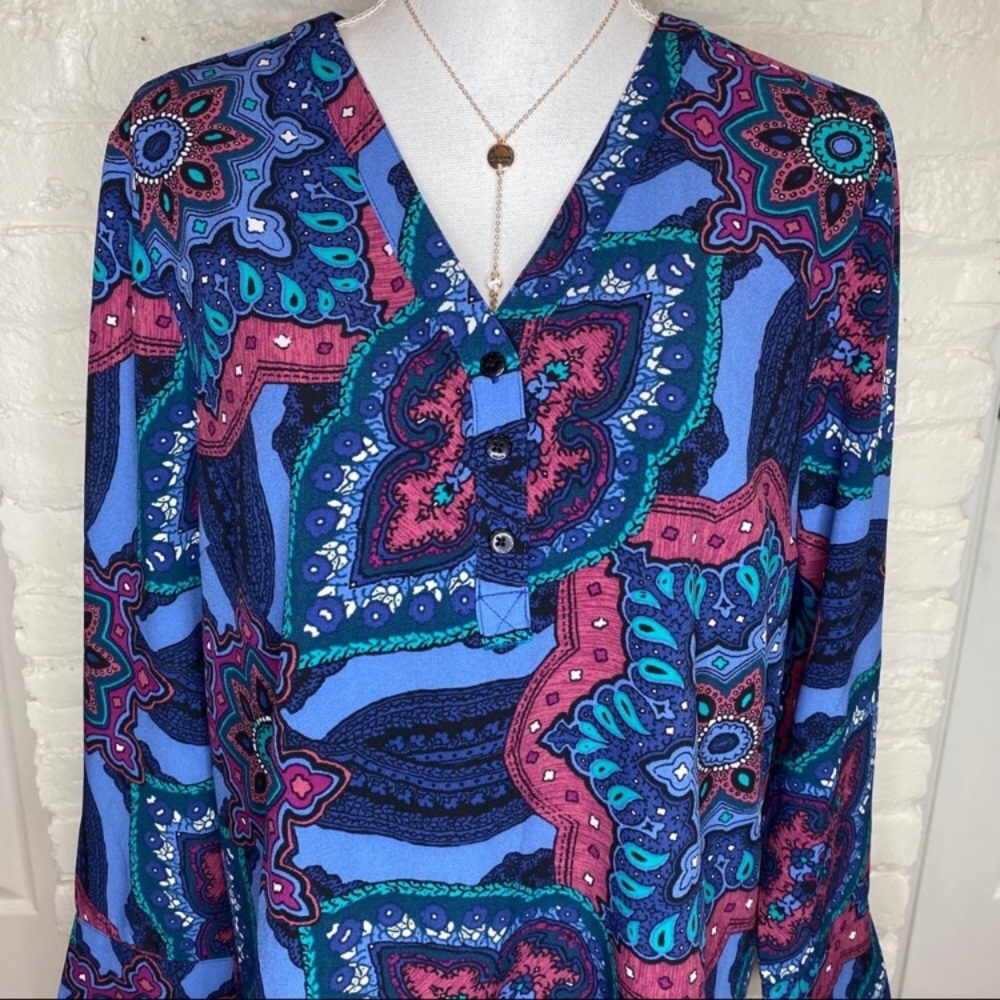 Denim & Co Blue Floral Long Sleeve Blouse M —#011 - Picture 2 of 7